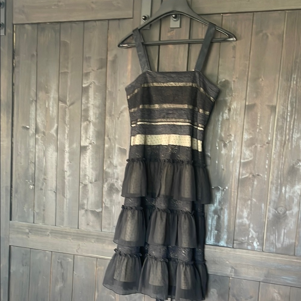 MICHAEL Michael Kors Black and Gold Ruffled Midi Dress